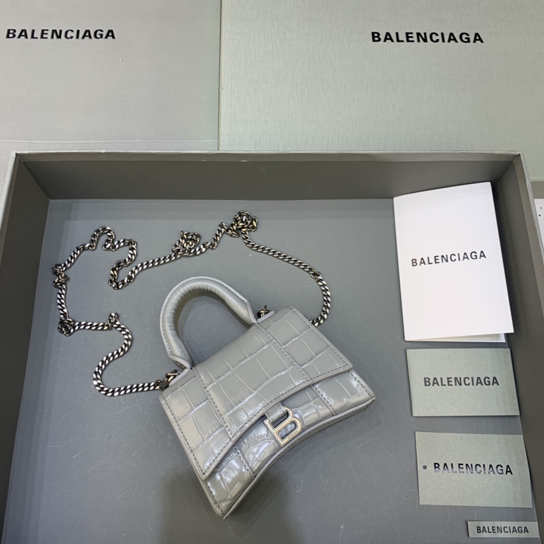 Balenciaga Hourglass Mini Handbag With Chain Crocodile Embossed Shoulder Bag Gray